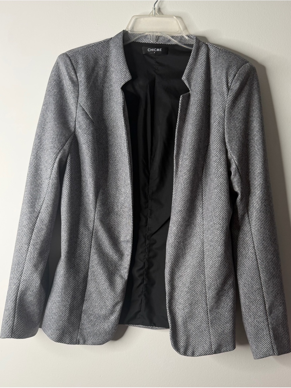 chic Gray Herringbone Open-Front Blazer